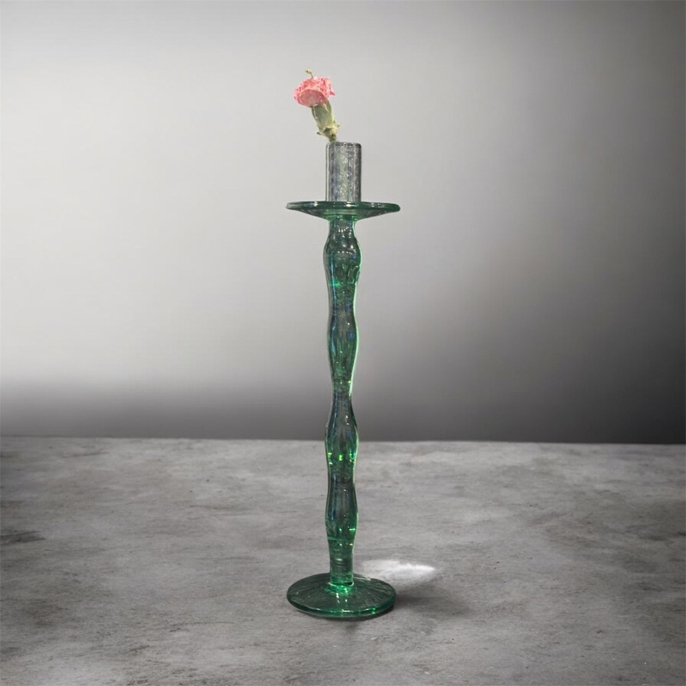 🌿 Tall Handblown Green Glass Twisted Candle Holder